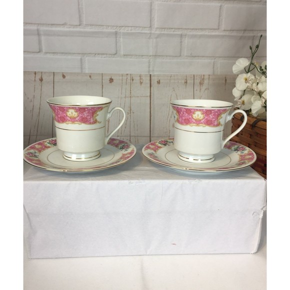 Elegant Pink & Gold Floral China Teacup Set of 2 Pink Tea For Two - Picture 2 of 8